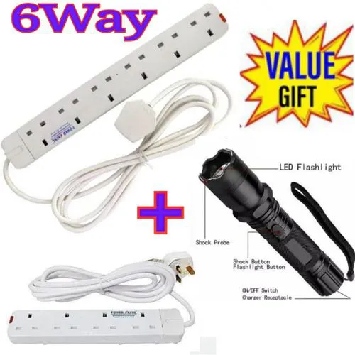 Power King 6Way> Power Extension Socket 3m Cable In 6 Way +4 Way Power Extension + Free Electric Shock Light Torch