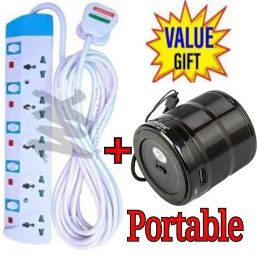 Power King HOME BEST 5 WAY POWER EXTENSION WITH LONG CABLE FOR ELECTRONIC DEVICES+ FREE MINI PORTABLE SPEAKER