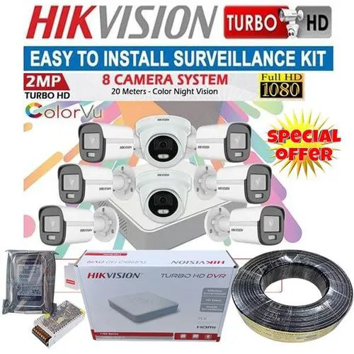 Hikvision 8 Colorvu 1080P Full HD 2MP 24/7 colorful images CCTV Cameras Complete System Kit With 8 Channels Digital Video Recorder (DVR Machine)