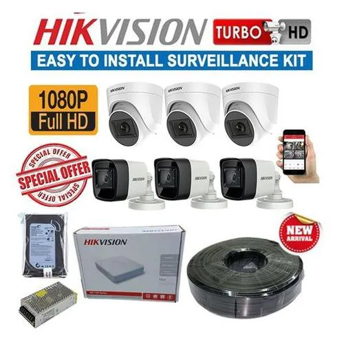 Hikvision Newest 6 Full HD Original Overseas Version 1080P Resolution 2MP CCTV Complete System Kit Package - With 8 Channel DVR+ Night Vision+ 100M RG59