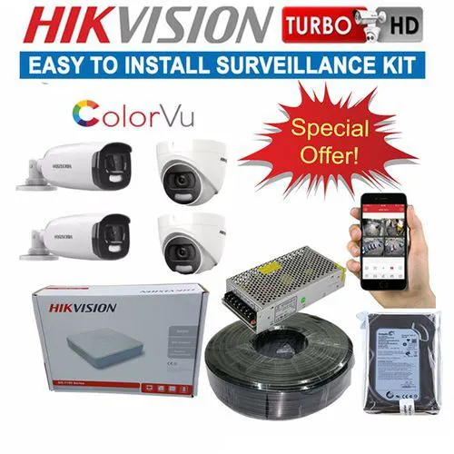 Hikvision 4 Full HD 1080P 2MP ColourVu 24/7 Coloured Images Sound Voice Recording CCTV Cameras Complete System Kit-500GB Harddisk+4 Channel DVR Machine