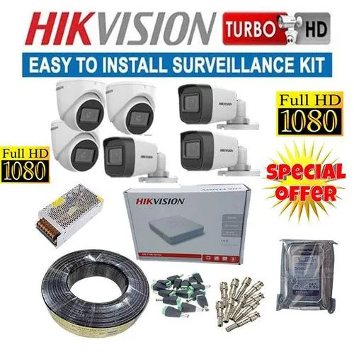 Hikvision 6 Full HD Original Overseas Version 1080P Resolution 2MP CCTV Complete System Kit - With 8 Channel DVR+ Night Vision+ 100M RG59