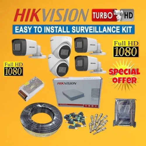 Hikvision 5 Full HD 1080P Resolution CCTV Cameras Full Installation System Kit -50M RG59 Cable+ 8 Channel DVR Machine