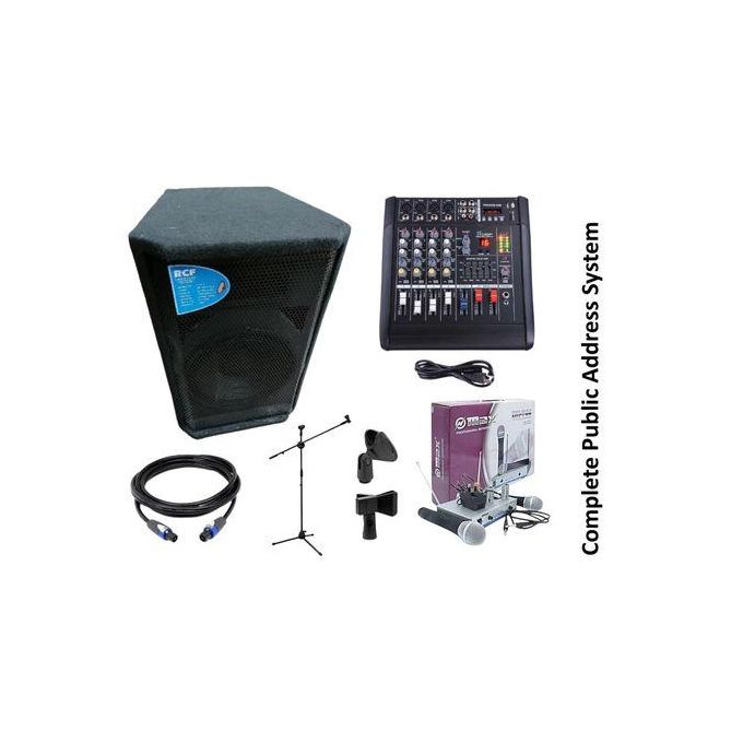 Full Public Address System 12 Inches PA Speaker + 4 Channel Mixer + OMAX Microphone