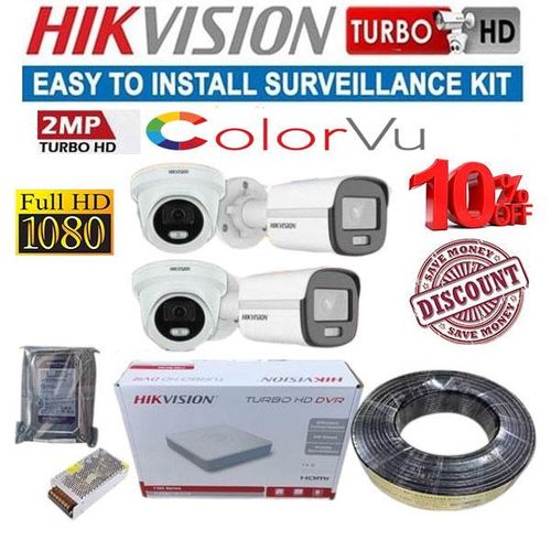 Hikvision 4 1080P Full HD 2MP Colorvu Full Colored With Stunning Image Quality CCTV Cameras Complete Package Kit