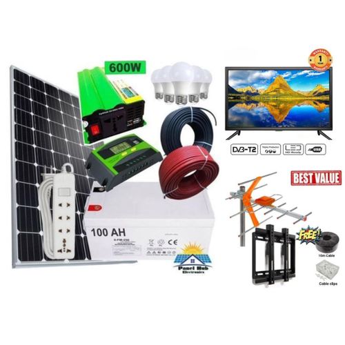 Solarmax 100 Watts Solar Panel Full Kit All Weather Mono + 100 AH Solar Battery + 600 Watts Solar Power Inverter + 10 AH Solar Charge Controller + 24 Inches Digital TV + 5 DC Solar Bulbs + Free Extens