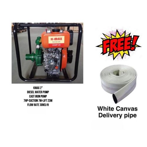 KMAX 2 Inches Diesel Water Pump 7HP Engine , 23M Lift , 30M3/H Flow Rate Cast Iron Pump + 2 Inches 10M Canvas Pipe