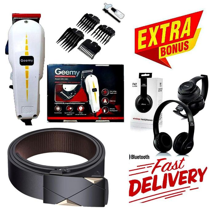 Geemy Modern Look Electric Hair Clipper Barbering Machine – Kinyozi + FREE GIFTS BLUETOOTH WIRELESS HEADPHONES & Men’s Modern Leather Belt – Automatic Lock Buckle