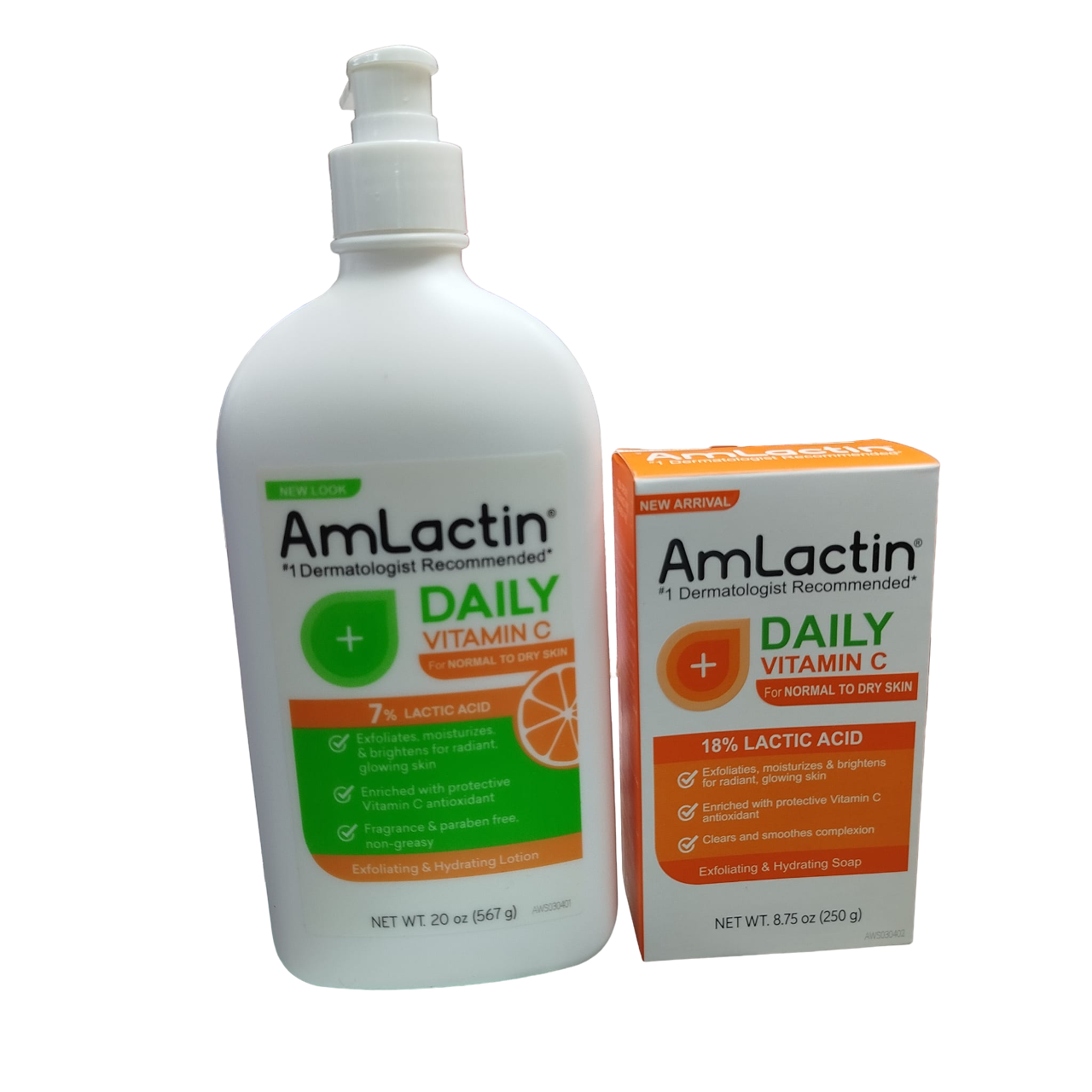 AmLactin Daily Vitamin C Lotion with 7% Lactic Acid & AHA +  Vitamin C Soap with 18% Lactic Acid. Cleanses, Exfoliates, Brightens, Glows, Moisturizes, Protects, Hydrates, Remove dead skin cells, Evens