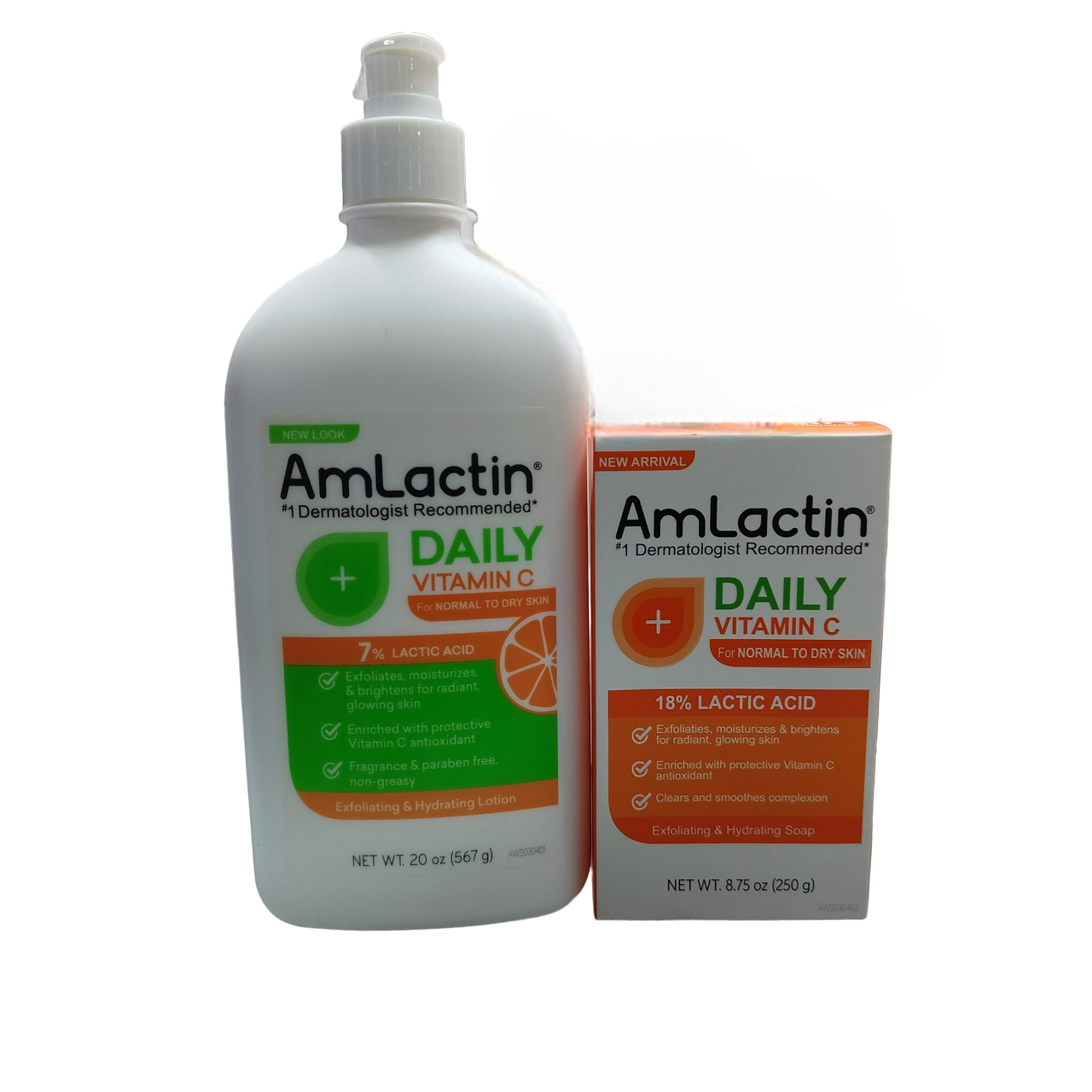 AmLactin Daily Vitamin C Lotion with 7% Lactic Acid & AHA +  Vitamin C Soap with 18% Lactic Acid. Cleanses, Exfoliates, Brightens, Glows, Moisturizes, Protects, Hydrates, Remove dead skin cells, Evens