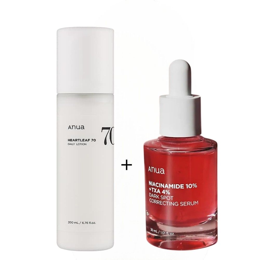 Anua 70% Daily Lotion + Anua Niacinamide 10% + TXA 4% Dark Spot Correcting Serum. Hydrates, Removes Dark Spots, Hyperpigmentations, Post Acne Scars, Evens the skin tone, Soothes Irritation & Glows