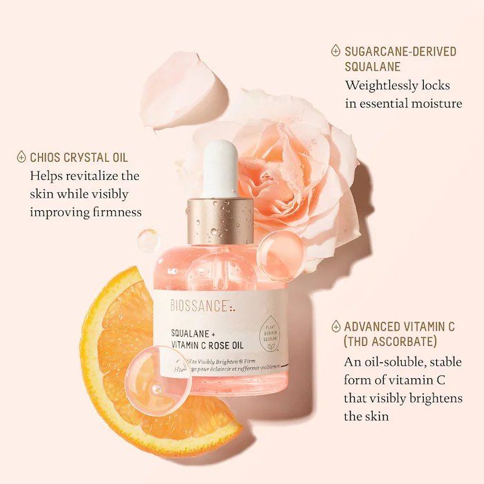 Biossance Squalane + Vitamin C Rose Oil for Face & Body. Deeply Moisturizes, Brightens, Removes Spots, Marks, Firms, Boosts Elasticity & Radiance, Soothes, Softens, Improves Tone, Texture & Glows