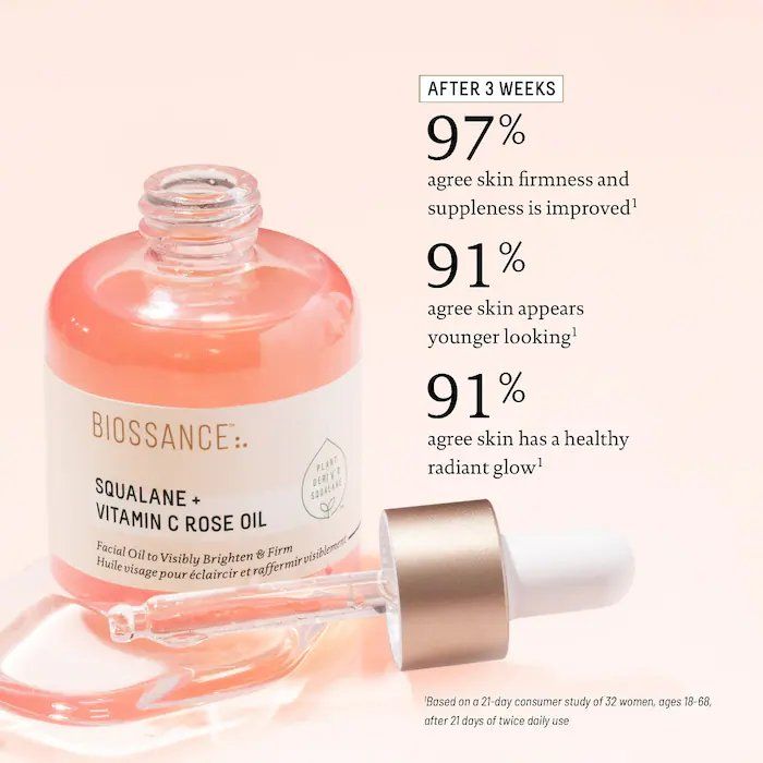 Biossance Squalane + Vitamin C Rose Oil for Face & Body. Deeply Moisturizes, Brightens, Removes Spots, Marks, Firms, Boosts Elasticity & Radiance, Soothes, Softens, Improves Tone, Texture & Glows