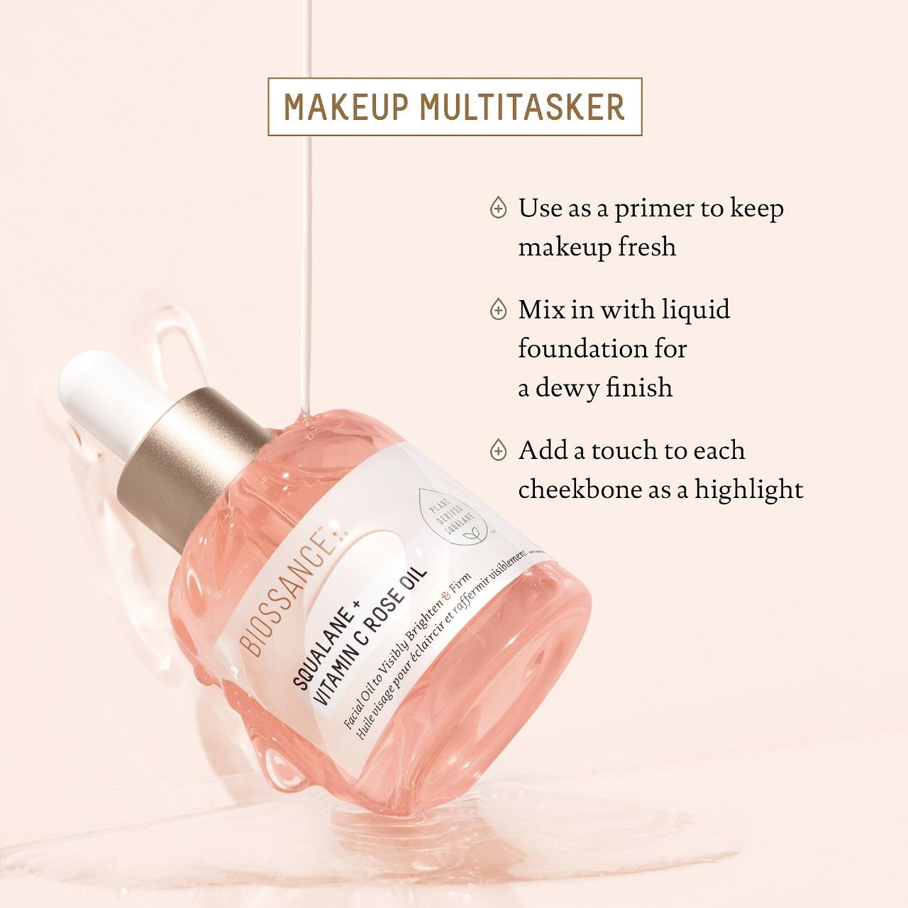 Biossance Squalane + Vitamin C Rose Oil for Face & Body. Deeply Moisturizes, Brightens, Removes Spots, Marks, Firms, Boosts Elasticity & Radiance, Soothes, Softens, Improves Tone, Texture & Glows