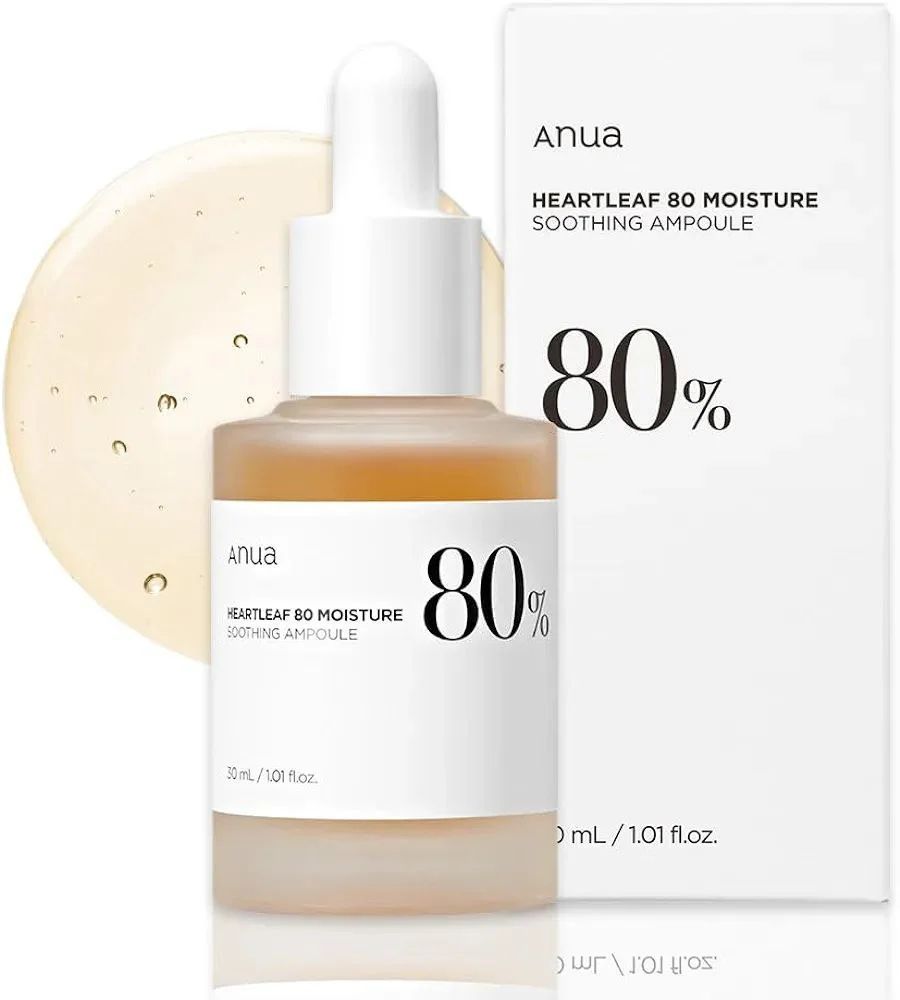 Anua Heartleaf  80% Moisture Soothing Ampoule Serum. Moisturizes, Gives a Glowing Glass-Like Skin, Soothes, Hydrates, Radiant Glow, Calms & Soothes Irritated skin, Fights Bacteria & Prevent Breakouts.