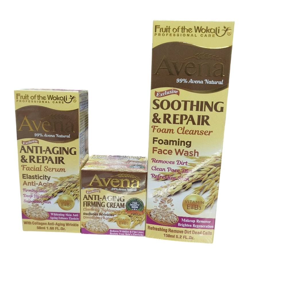 Avena Anti-Aging & Repair Facial Serum with Collagen + Avena Anti-Aging Firming Face Cream + Foaming Cleanser Face Wash. Moisturizes, Removes Wrinkles, Acne Scars, Blackheads, Exfoliates & Cleanses
