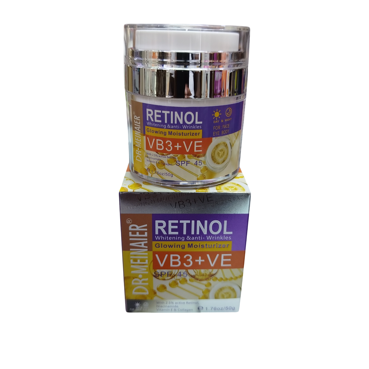 Dr Meinaier Retinol, VIT B3 & E, Niacinamide & Collagen Face, Eye & Body Cream SPF 45. Moisturizes, Calms, Removes Wrinkles, Glows, Hydrates, Clears Fine lines, Softens & Make skin Young & Even