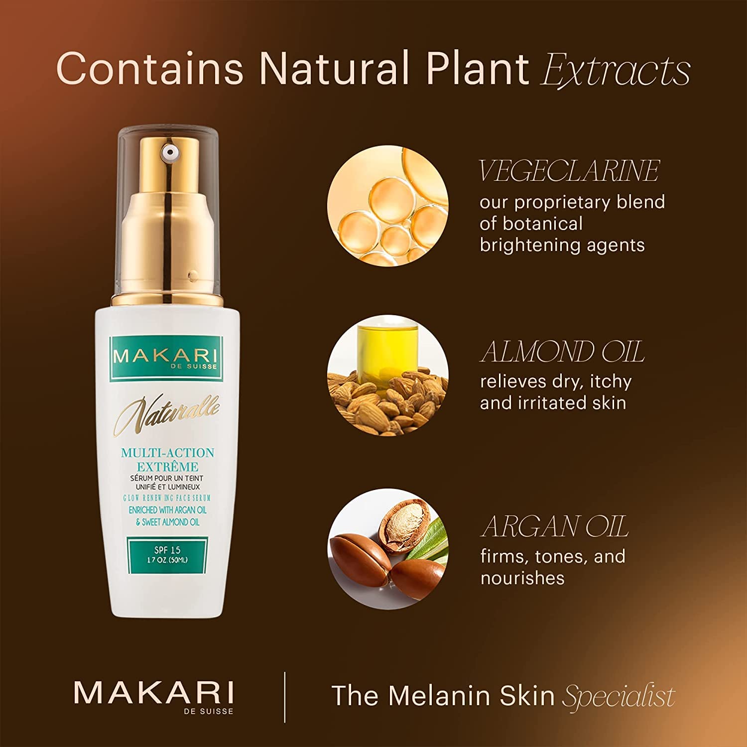 Makari Lightening Serum with Argan Oil & Sweer Almond Oil SPF 15. Moisturizes, Lightens the skin, Brightens, Tones, Removes Dark Spots, Dark Circles, Scars,  Blemishes, Calms Irritated skin & Evens