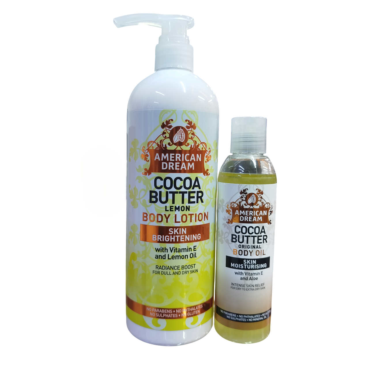 American Dream Lemon Cocoa Butter Skin Brightening Lotion 750ml + Skin Moisturizing Body Oil. Deeply Hydrates, Brightens, Boosts Radiance, Remove Dullness, Age Spots, Scars, Hyperpigmentation & Marks