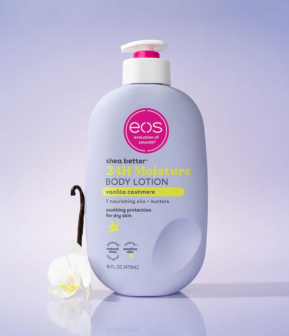 Eos Vanilla Cashmere Shea Better 24H Moisture Body Lotion with shea Butter. Moisturizes, Softens, Smooths, smells amazing, Nourishes & Locks Hydration made with global materials in prc. Glows & Evens
