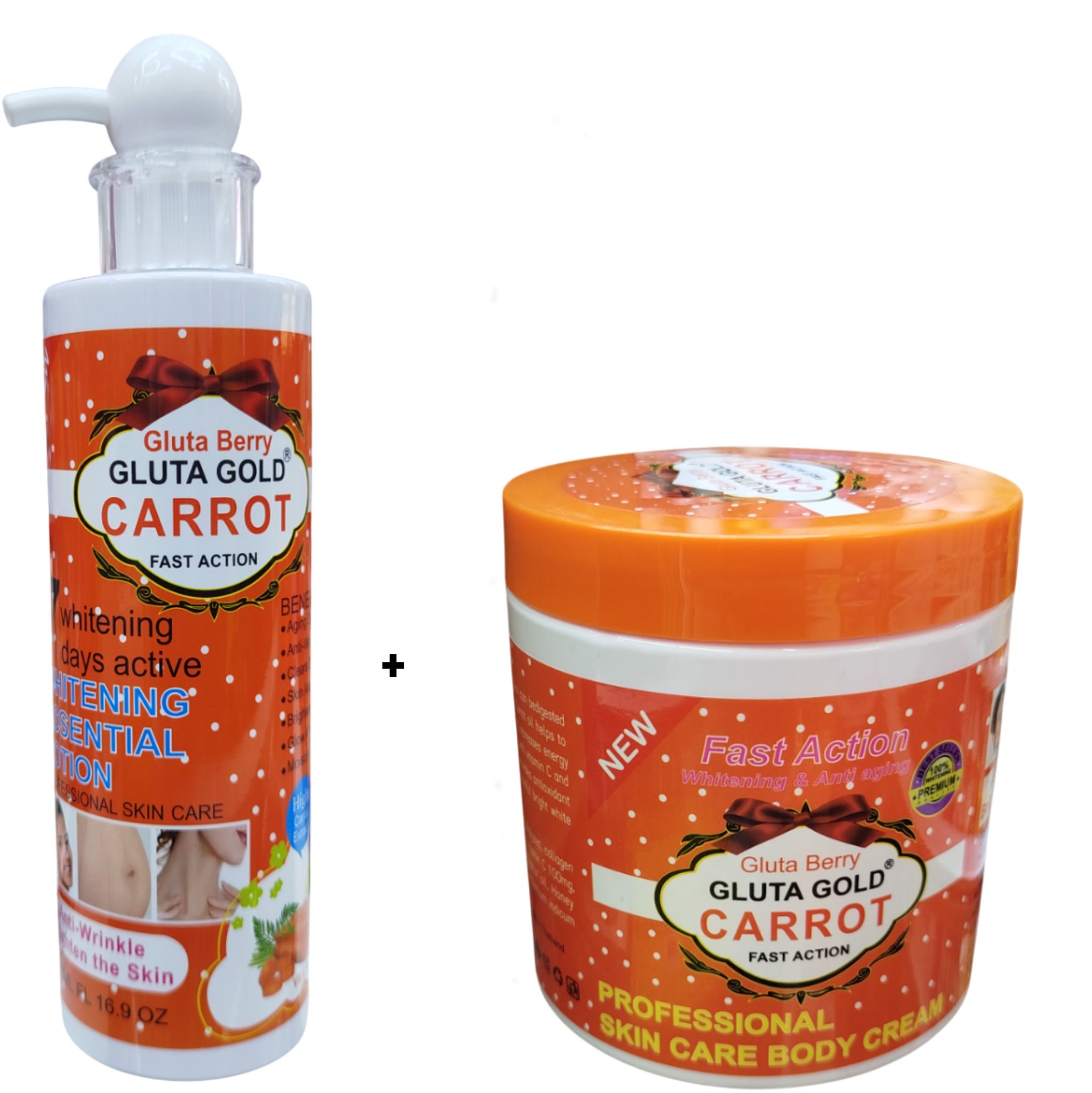 Gluta Gold Gluta Berry Carrot Oil, Collagen & Vitamin C fast action Face & Body Lotion + Cream. Moisturizes, Brightens, Is anti-Aging, Smooths Wrinkles, Removes Dark Spots, Glows, Smooths & Evens