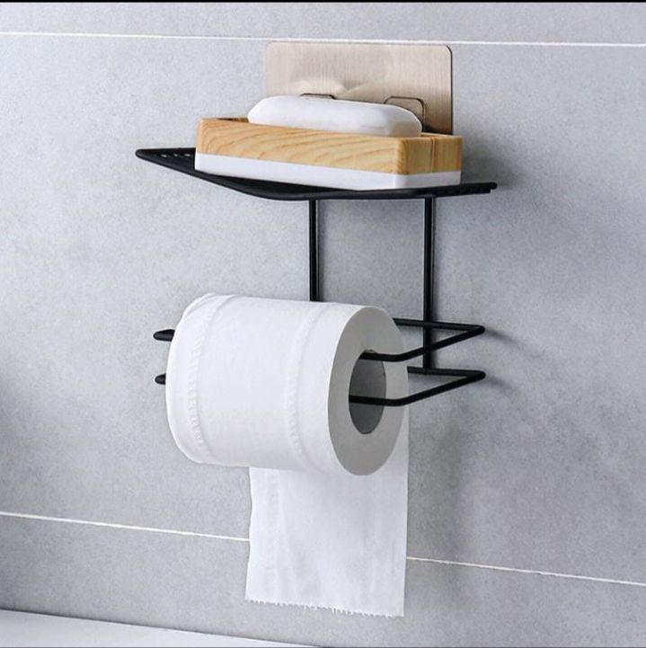Wall Mounted Tissue Toilet Paper  and Soap Holder Rack. Adhesive Toilet Paper Roll Holder. No drilling  Needed