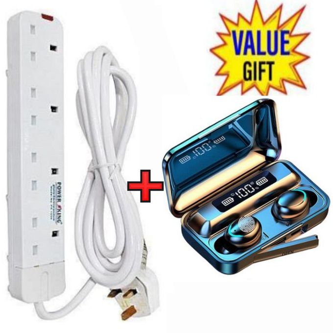 Power King HOME BEST 4 WAY POWER EXTENSION WITH LONG CABLE+FREE F9 BLUETOOTH EARBUDS