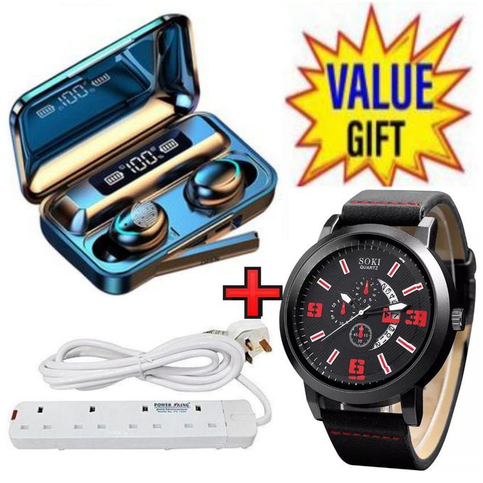 Power King HOME BEST 4 WAY POWER EXTENSION WITH LONG CABLE+LUXURY MEN WATCH +F9 EARBUDS