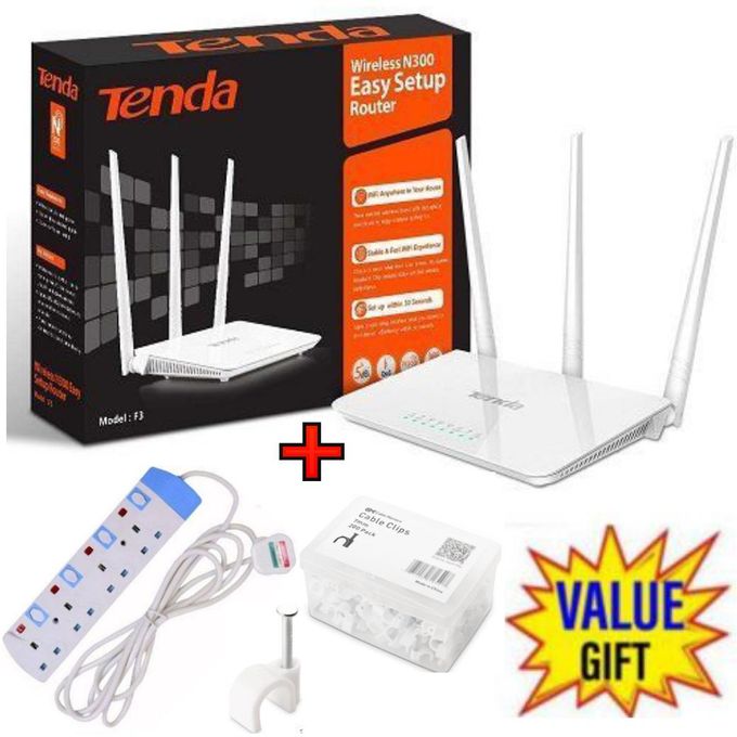 tenda F3 N300 300Mbps Wireless WiFi Router + 4 Way Power Extension + Cable Clips