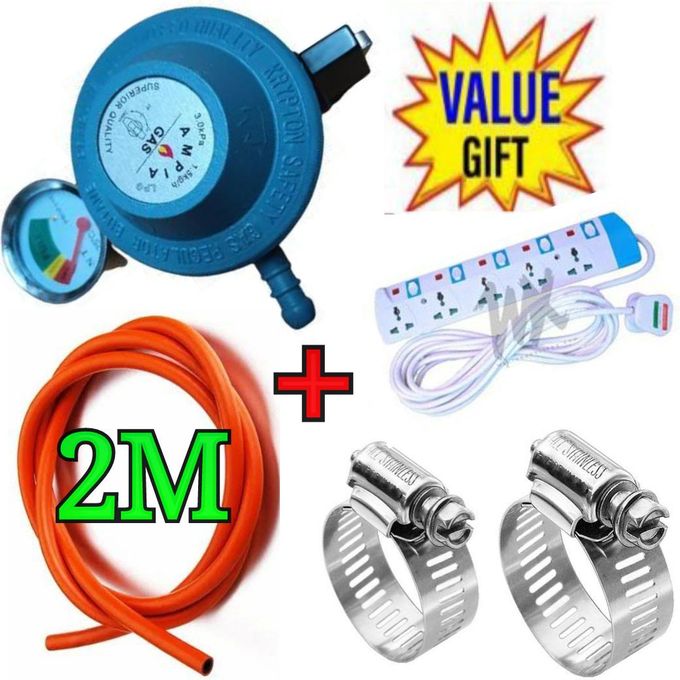 Ampia GAS REGULATOR 13KG CYLINDER GAUGE // 13KG GAS Cylinder Regulator With Level Gauge,Clips And 2M Pipe // Gas REGULATOR WITH A METER GAUGE+ 2M HOSEPIPE+CLIPS + 5 WAY POWER EXTENSION
