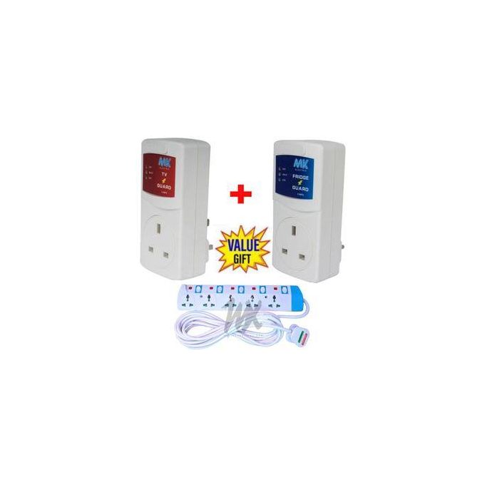MK ELECTRONIC FRIDGE GUARD VOLTAGE SURGE PROTECTOR +QUALITY TV GUARD+ FREE 5 WAY POWER EXTENSION-BLUE