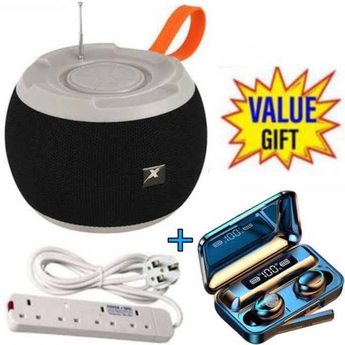 C15 Bass Bluetooth PortableSpeaker with FM /USB +F9 Bluetooth Earbuds +4Way power Extension.