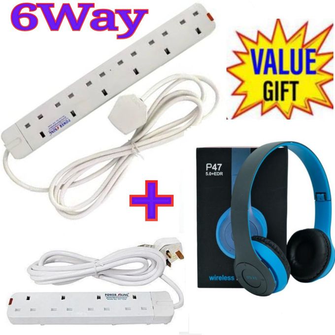 Power King 6 Way > Power Extension Socket 3m Cable In 6 Way +4 Way Power Extension + Free Bluetooth Wireless Headphones
