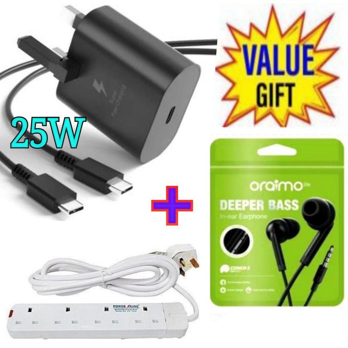 Samsung A15 Super Fast 25W USB C Charger Adapter For Type C Devices +4 Way Power Extension + Oraimo Earphone