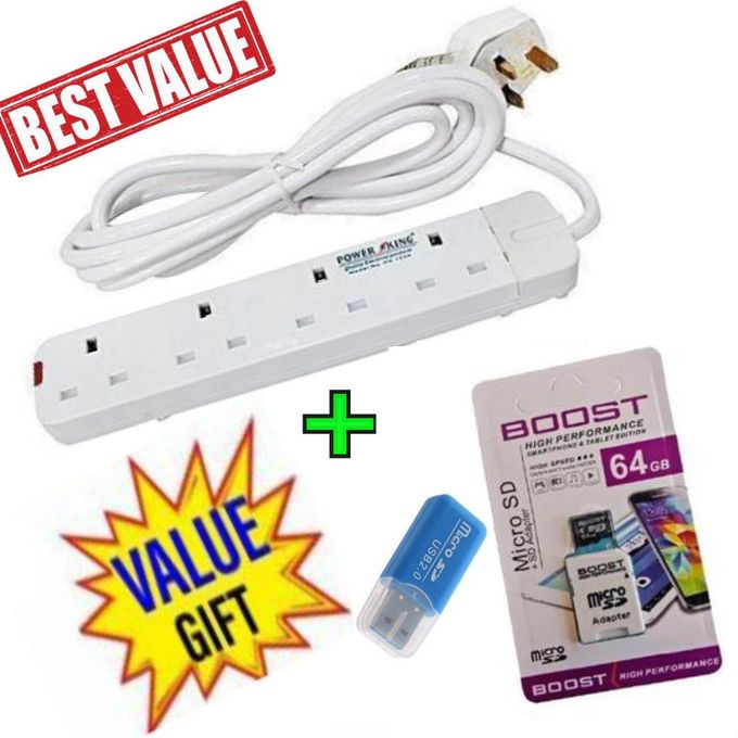 Power King HOME BEST 4 WAY POWER EXTENSION WITH LONG CABLE +FREE 64GB MEMORY CARD +MEMORY CARD READER