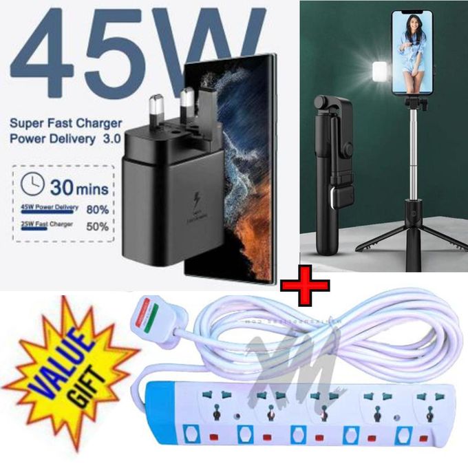 Samsung 45W PD USB-C PD Adapter, Fast Charger for Galaxy S21/S20/Note 20, Power Delivery Wall Charger, Type-C Laptop Charging, 5V/3A 9V/3A 15V/3A 20V/2 +Tripod Stand Selfie Stick +5 Way Power Extensio