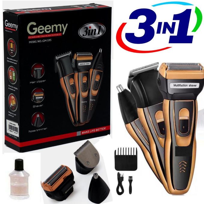 Geemy 3in1 Rechargeable Hair Shaving Machine Smoother,Clipper,Nose Trimmer+Cap+Watch+4Way Extension