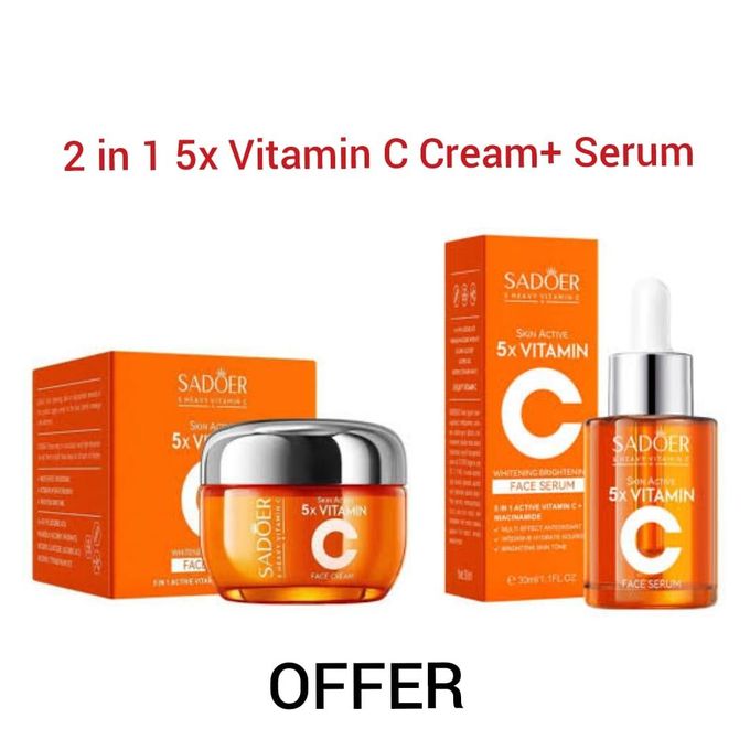 SADOER 2 in 1 Skin Active 5 x Vitamin C Serum + Complementary 5x Vitamin C Cream, For Deep Hydration, Whitening Dark Spots, Moisturizing, Skin Tone Brightening and Skin Nourishment + Niacinamide