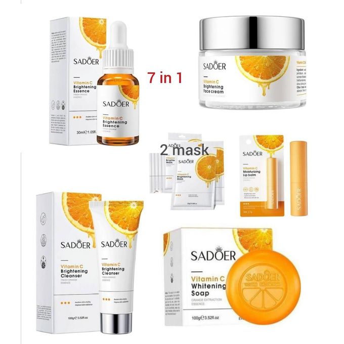 SADOER 7 in 1 Vitamin C Skin Care Set, Skincare Routine Set, Facial Skin Care Products, Skincare Gift Set with Serum, Soap, Cleanser,Cream,lip balmand 2 Mask, Anti-Aging Skin Care Kit for Firming & Hy