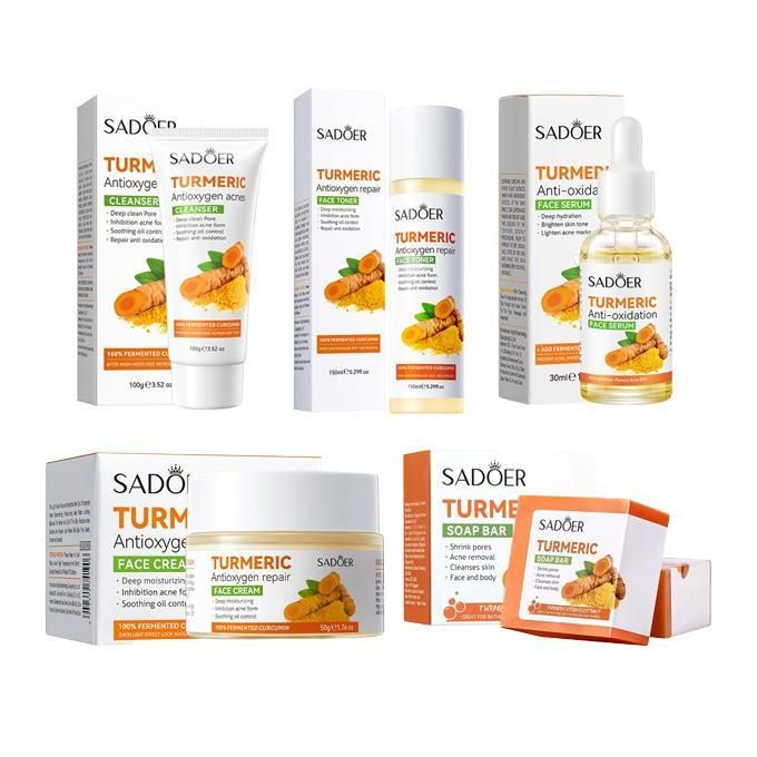 5 in 1 Turmeric Set, Tumeric Cleanser + Face Serum +Face Toner + Face Cream + Tumeric Soap, with brightening effect Helps in Preventing Acne, Sooth, Hydrate, Lighjten Acne Marks