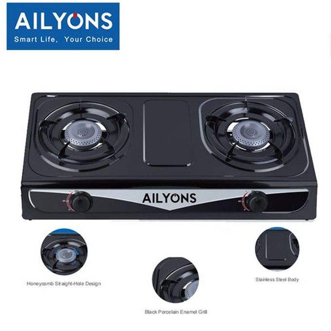 2 Burners Gas Cooker, Table Top kitchen appliances 2 large burner Auto ignition-no battery need for easy usage. Light dark gray powder color diamond cut design 8 mm toughene the double burner allows