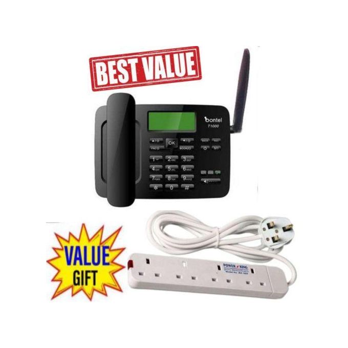 Bontel T 1000//Wireless Desktop Telephone//SMS Feature Phone (Dual Sim)BLACK mk + FREE 4 WAY POWER EXTENSION