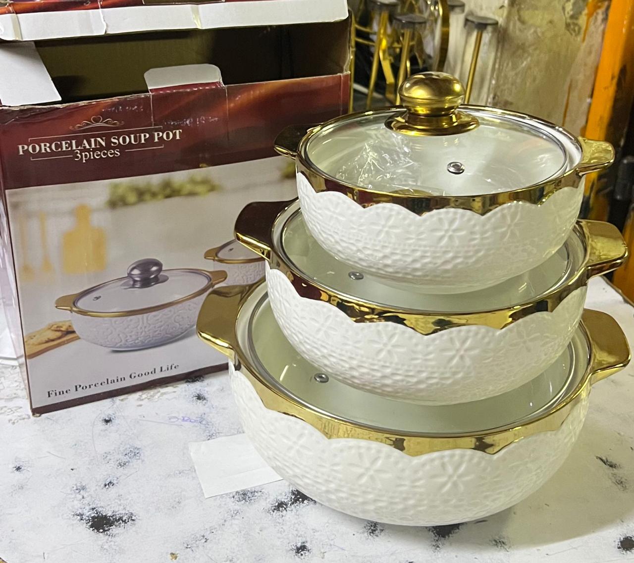 3 pcs ceramic soup pot 3 lyrs 2.5 lrs @1 ltrs 🌻🌻🌻OFFEReep colors bright and true for longer Porcelain Dishwasher safe, Microwavable WHAT’S IN THE BOX 3 pc ceramic soup pot