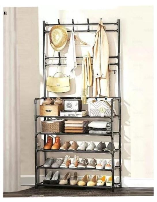 5-Tier Multifunctional Shoe, Hat And Cloth Hanger Rack- White   The shoe rack organizer is both versatile and functional as it provides a compact, space-saving solution for storing footwear and can al