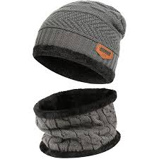 Mens Womens Winter Beanie Hat Scarf Set Warm Knit Hat Thick Fleece Lined Winter Cap Neck Warmer for Men Women
