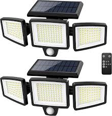 Solar Lights Outdoor Indoor - LED Solar Motion Sensor Lights 3 Adjustable Heads 270° Wide Angle: Security Flood Light IP65 Waterproof Solar Powered Wall Lights with Remote Control