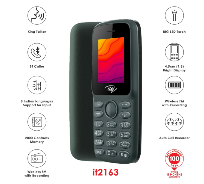 Itel 2163 with 1000mAh Lithium-ion battery  1.8 inches Dual Sim wireless FM Cell Mobile Phone