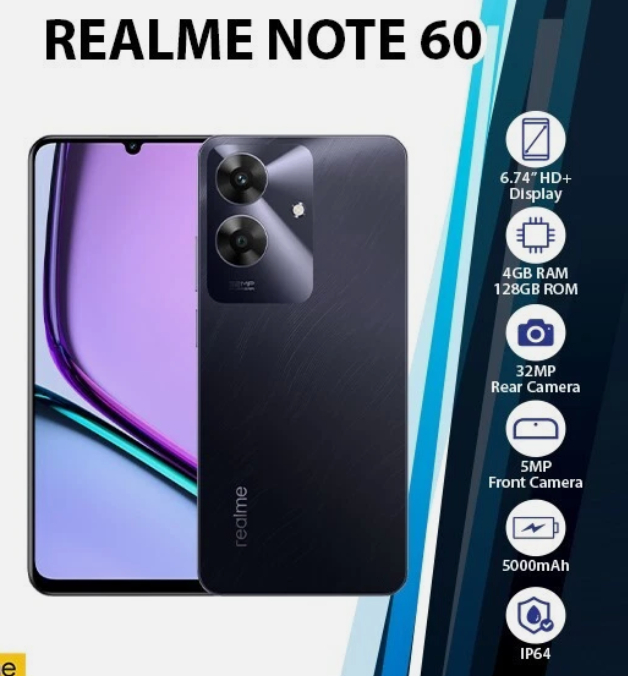 NEW ARRIVALS!! Realme Note 60- 6.74 Inch IPS LCD Display, 4+128GB RAM- Expandable Upto 8GB(4+4) RAM, 5000mAh, Android 14, Fingerprint (side-mounted), 32MP Rear & 5MP Front Camera Mobile Smart Phones