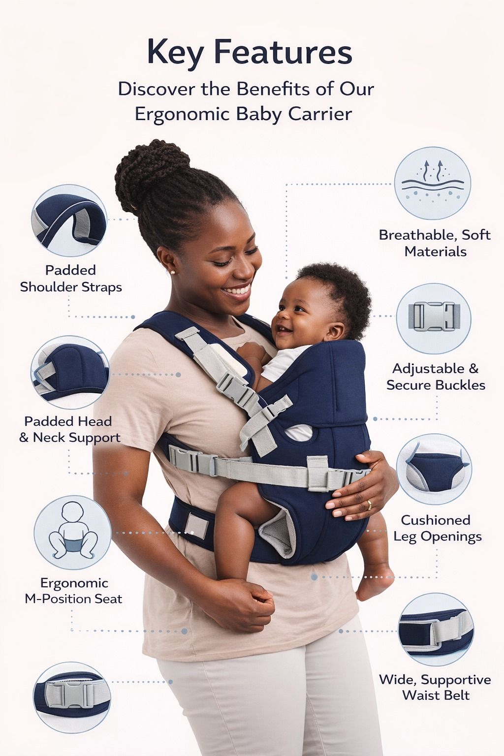 Ergonomic Baby Carrier with Lumbar Support - 4-in-1 Breathable Infant to Toddler Sling - Adjustable Padded Straps for All-Season Comfort