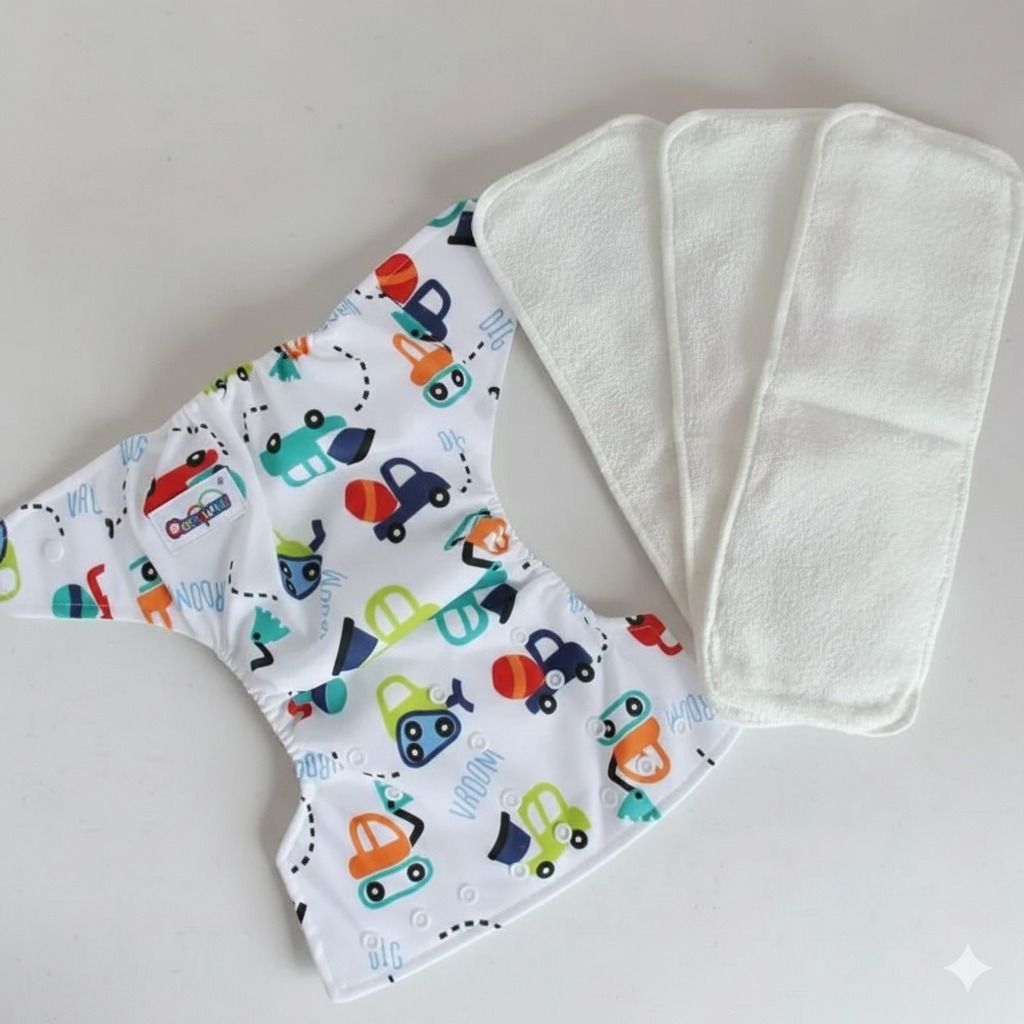 Reusable Baby Cloth Diaper Waterproof Adjustable Washable Nappy + 3 Inserts Breathable Unisex (0–3 Years, Up to 15k